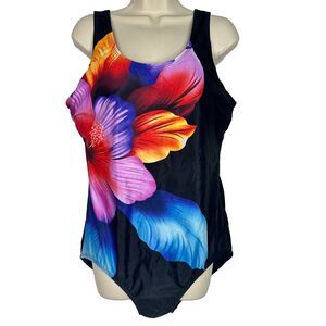 Aquamore  One Piece Swimsuit 18W Plus Size Black Big Floral ‎ Tummy Control NWT